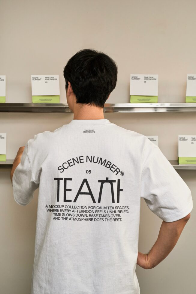 Guy in white tee with tea shop graphic on back standing by shelves