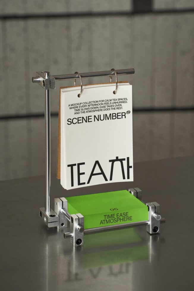 Stainless steel display rack with white hanging card above lime green platform featuring Scene Number branding