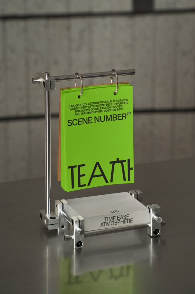 Stainless steel display rack holding lime green card above white platform showing Tea Time Ease Atmosphere branding