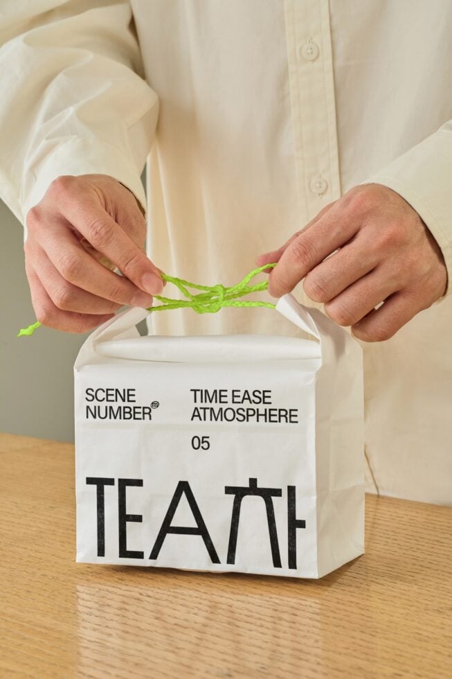 Hands holding open white tea box with green twisted cord handles showing Scene Number branding detail