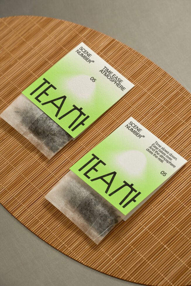 Bright neon tea packet mockups on woven base with gradient design TEATH branding