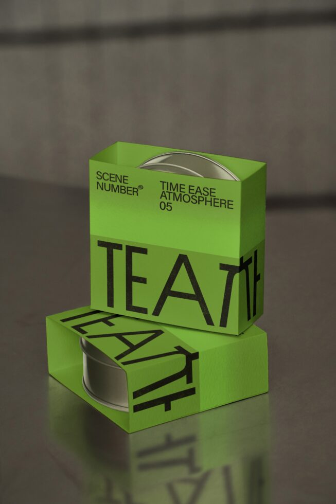 Stacked lime green packaging boxes for tea product with metallic lid visible
