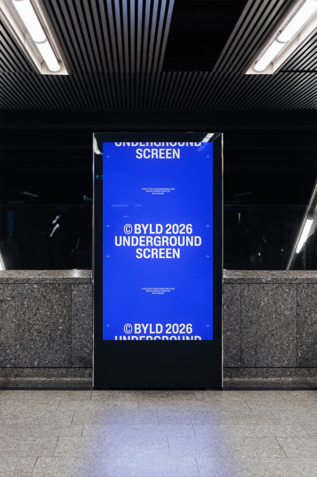 Bright blue digital screen mockup in underground passage showing BYLD 2026