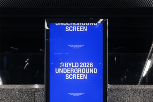 Bright blue vertical display with white BYLD 2026 UNDERGROUND SCREEN heading