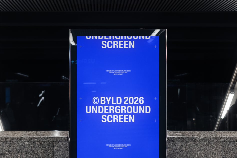 Bright blue vertical display with white BYLD 2026 UNDERGROUND SCREEN heading