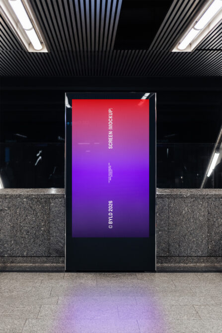 Vertical screen mockup with red to purple gradient displaying SCREEN MOCKUP text