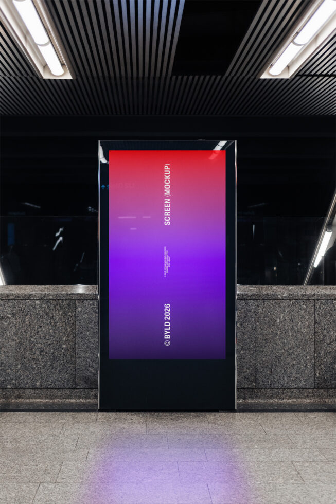 Vertical screen mockup with red to purple gradient displaying SCREEN MOCKUP text
