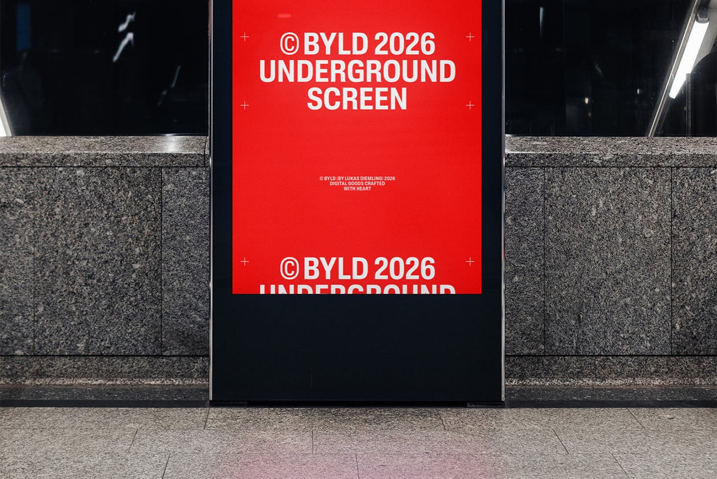 Bold red transit ad showing BYLD 2026 UNDERGROUND SCREEN in white sans serif