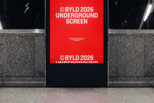 Bold red transit ad showing BYLD 2026 UNDERGROUND SCREEN in white sans serif