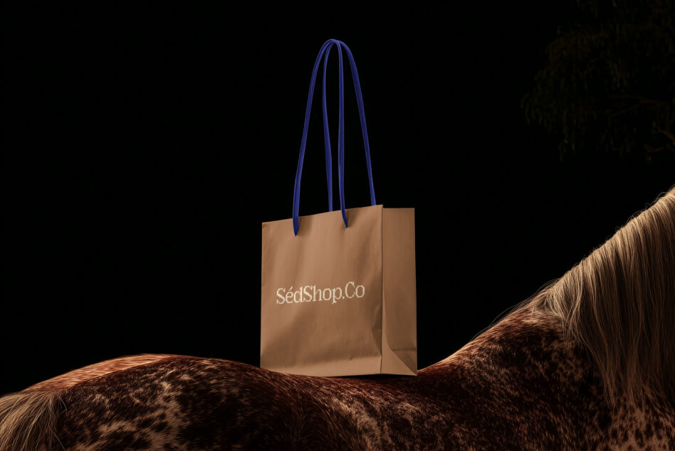 Kraft tote bag with navy rope handles on textured brown surface