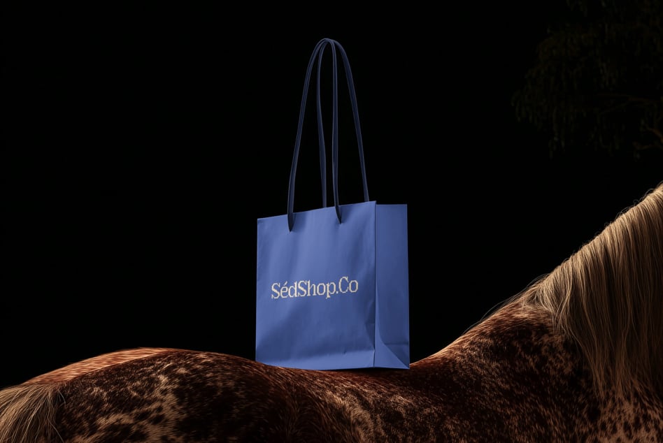 Periwinkle shopping bag with long navy handles on brown textured background