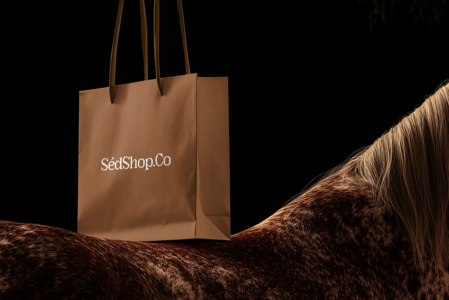 Caramel paper bag with long brown handles on furry terrain mockup