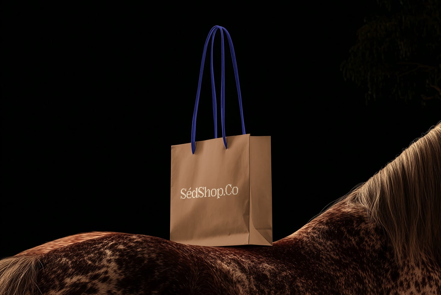 Tan shopping bag with blue rope handles sitting on furry ground mockup