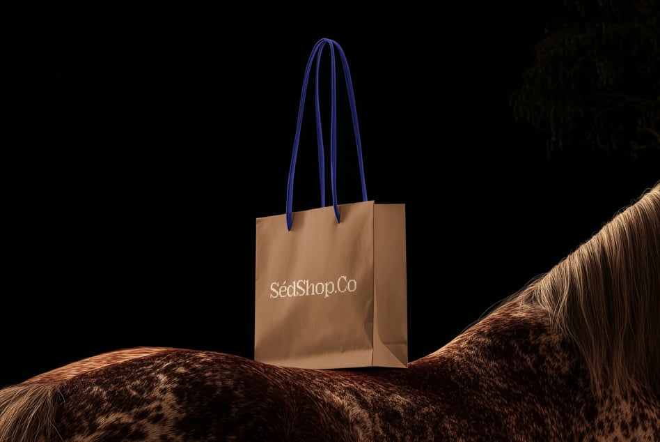 Tan shopping bag with blue rope handles sitting on furry ground mockup