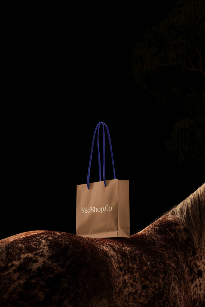 Tan paper shopping bag with navy handles sitting on brown textured ground