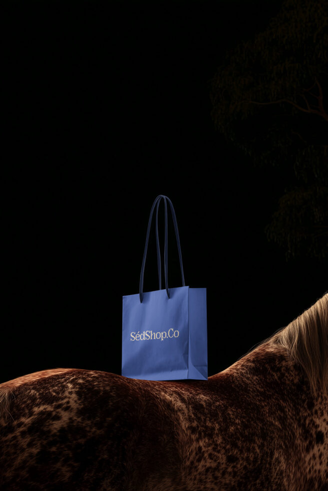 Periwinkle blue shopping bag with dark handles on textured brown surface