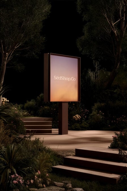 Bright vertical display sign featuring SédShop.Co in garden setting with landscaping