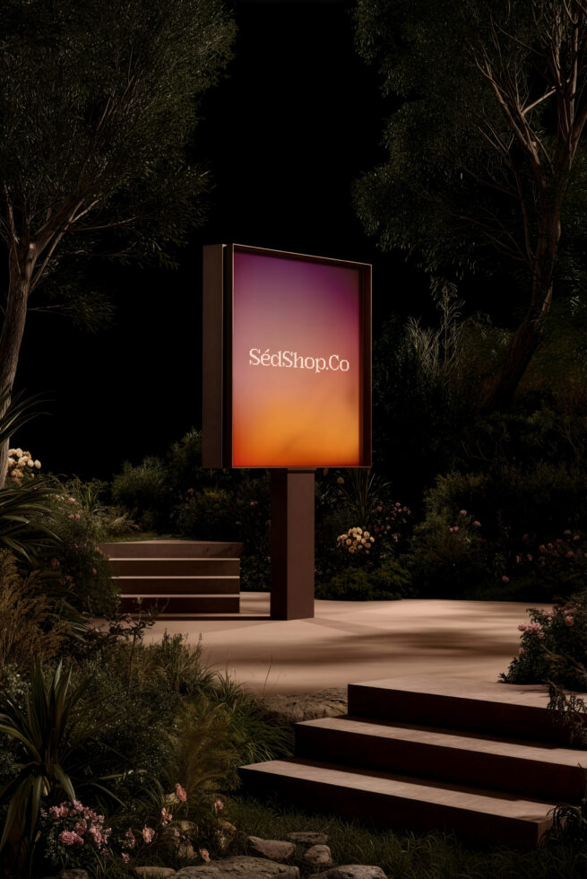 Glowing rectangular sign with SédShop.Co text surrounded by trees, concrete steps below
