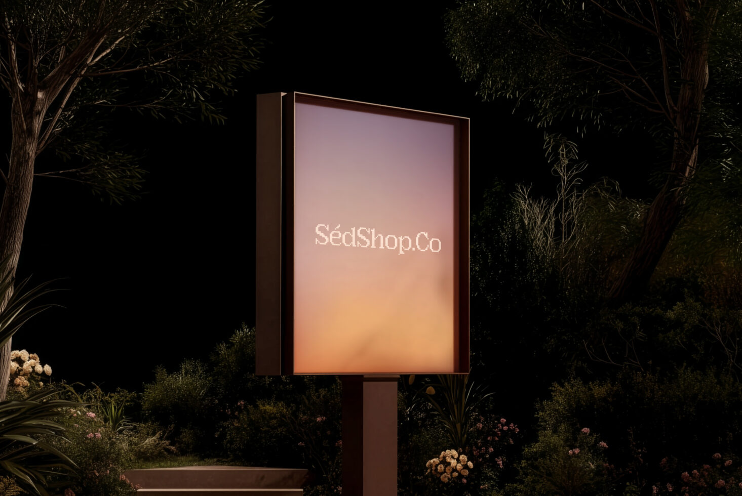 Lit vertical sign showing SédShop.Co brand with warm gradient backdrop in darkness