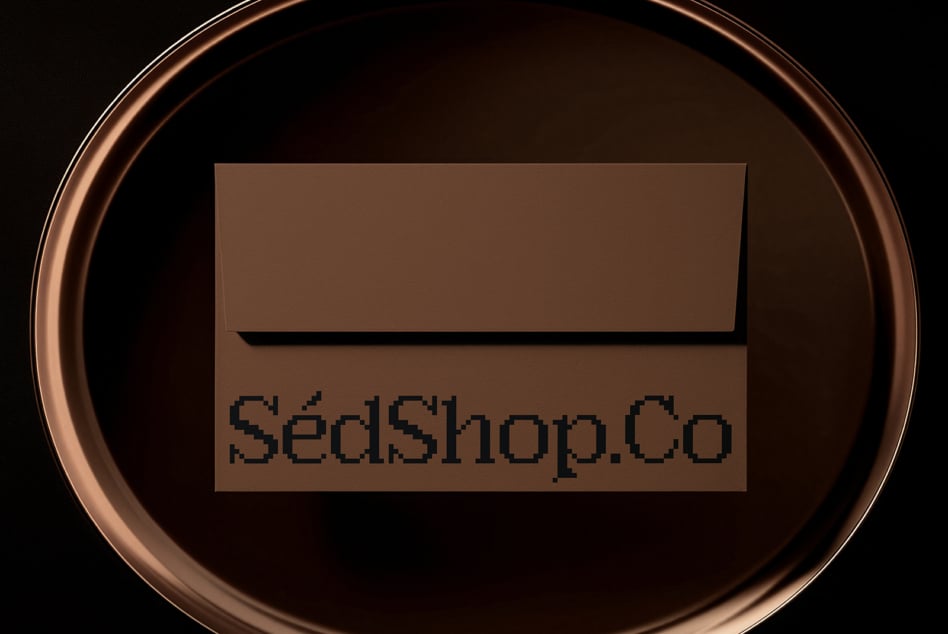 Bronze circular mockup with neutral box showing SédShop.Co in retro font