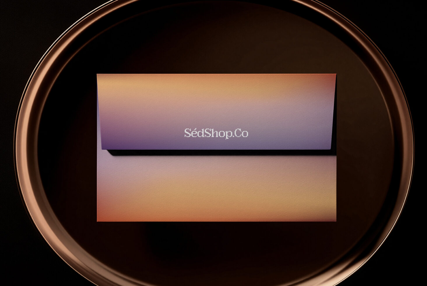 Copper circular mockup with warm gradient box featuring SédShop.Co logo