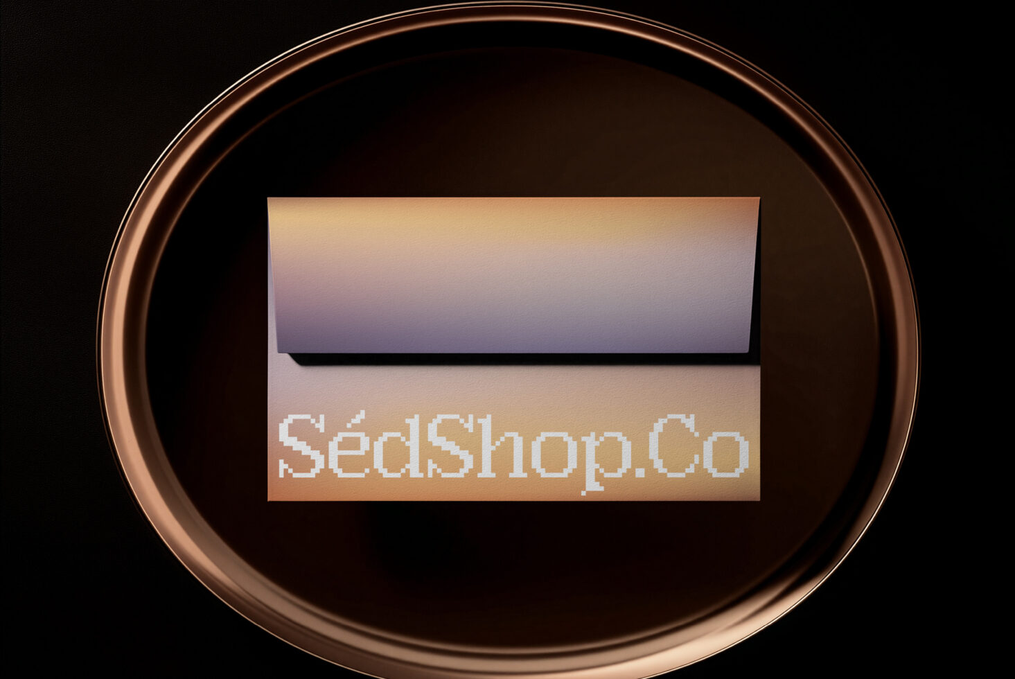 Copper bowl mockup displaying SédShop.Co text on two-tone gradient box