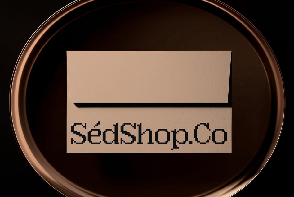 Copper bowl frame with beige box containing pixel-style SédShop.Co branding
