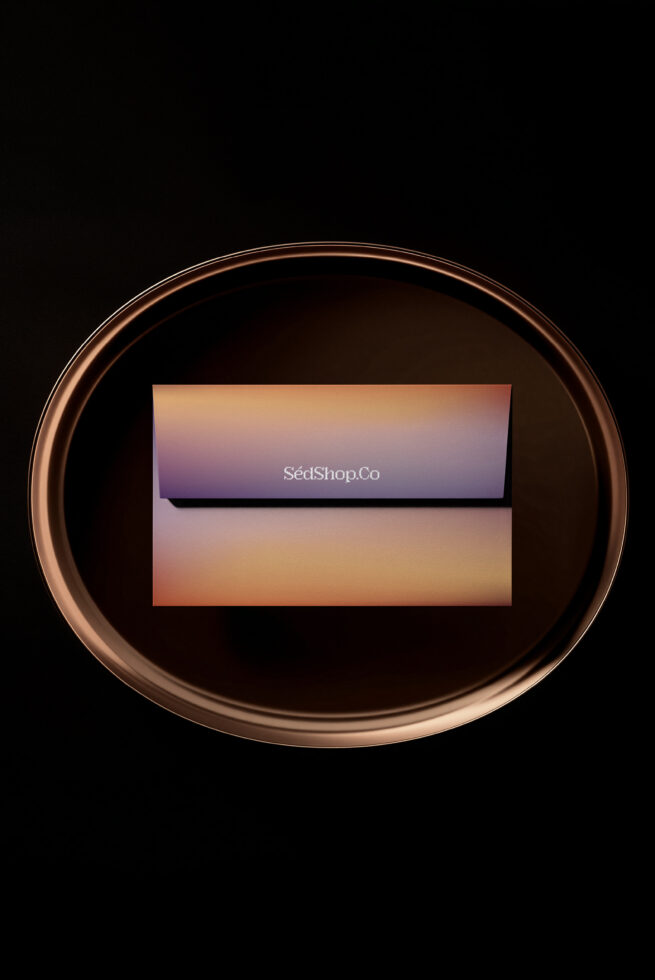 Copper bowl mockup with gradient card, SédShop.Co text on colorful background