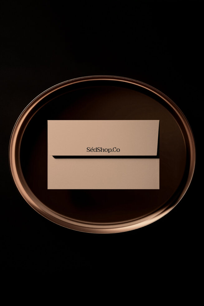 Copper bowl mockup with beige folded card, SédShop.Co branding centered