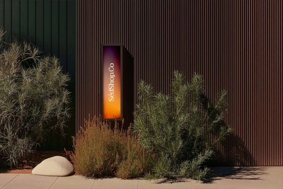 Tall vertical sign with warm orange glow framed by striped wall