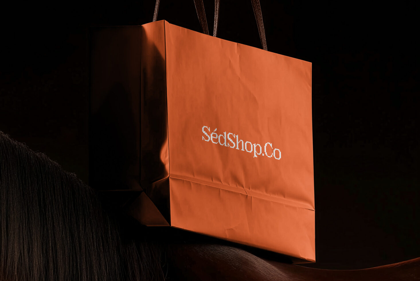 Solid burnt orange paper bag with rope handles on dark floor