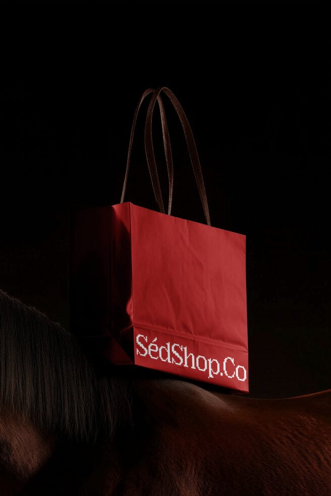 Bright red tote bag with brown handles sits on textured surface