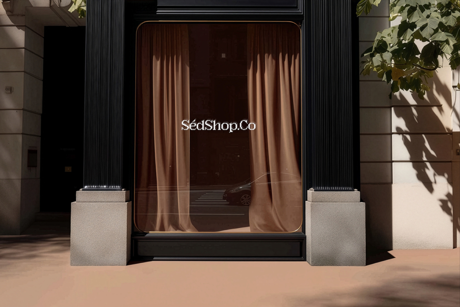 Storefront mockup with dark interior, flowing brown fabric, centered white text on screen