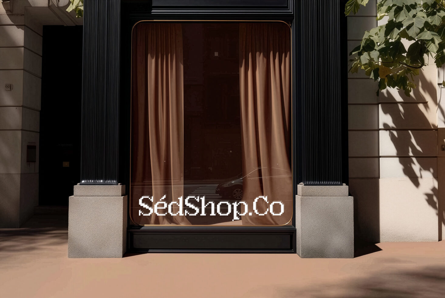 Storefront display with tall black frame, brown curtains, glowing text logo on dark screen