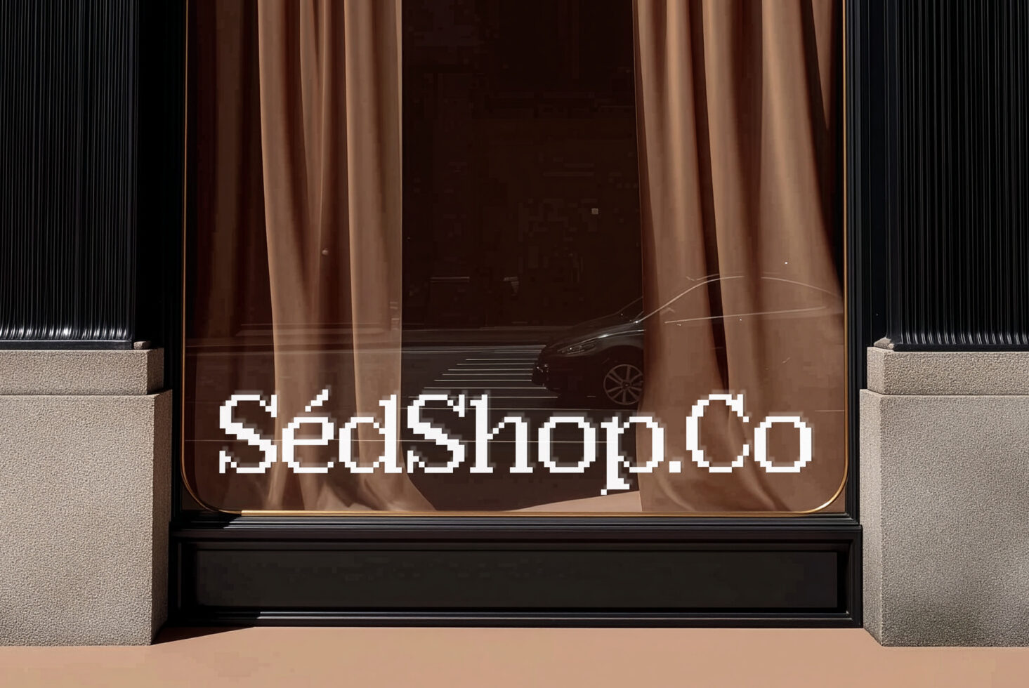 Modern storefront window with pixel font text reflected on glass surface
