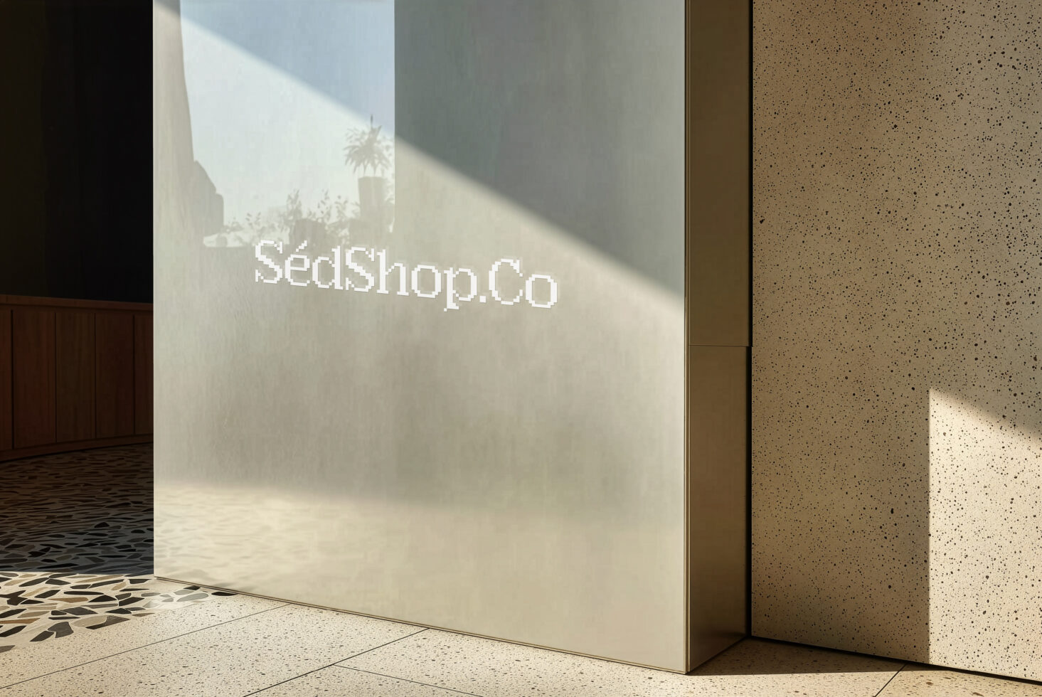 SedShop.Co on pale wall with strong window shadow, bright daylight scene