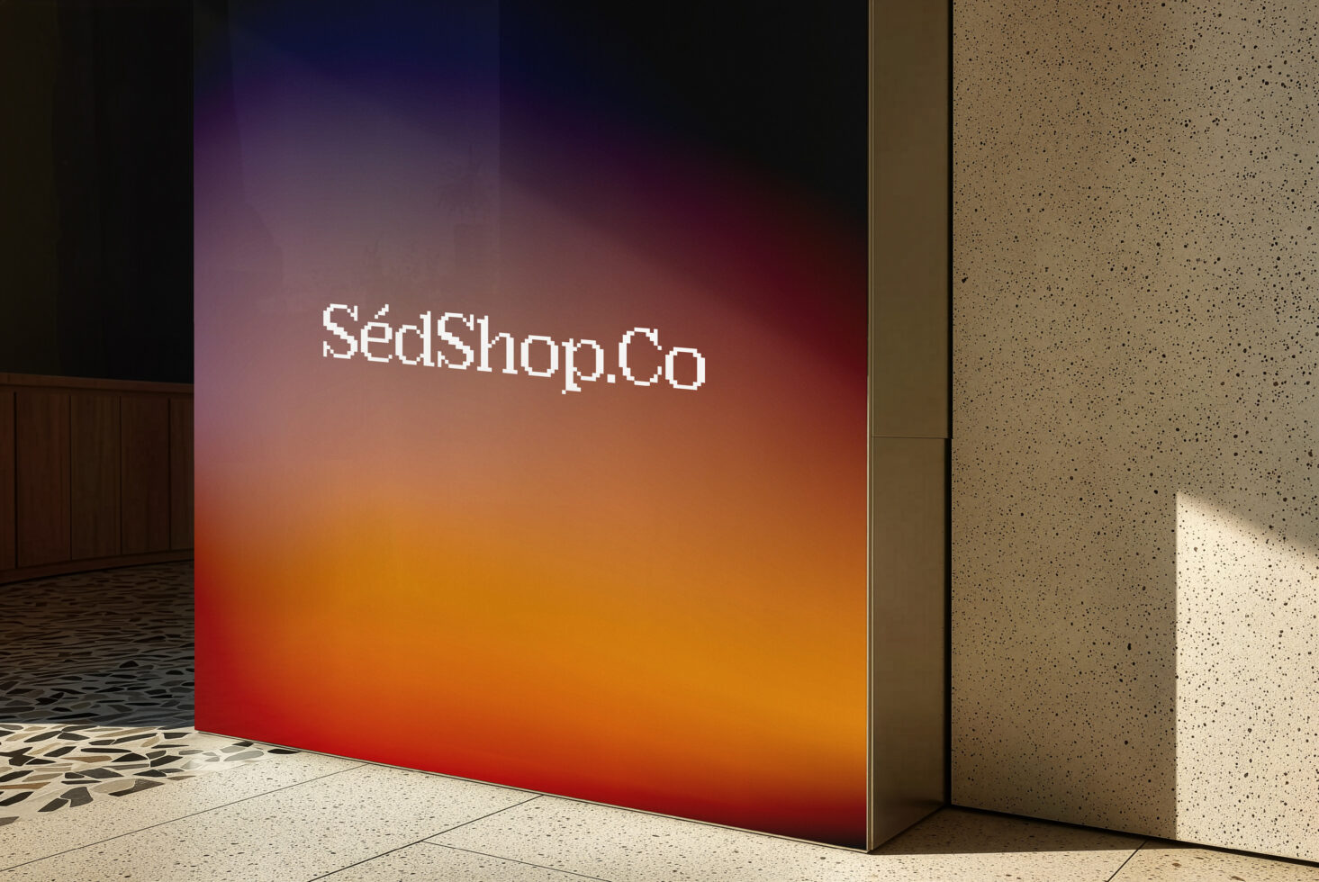 SedShop.Co text on vibrant gradient wall with red, orange, purple tones