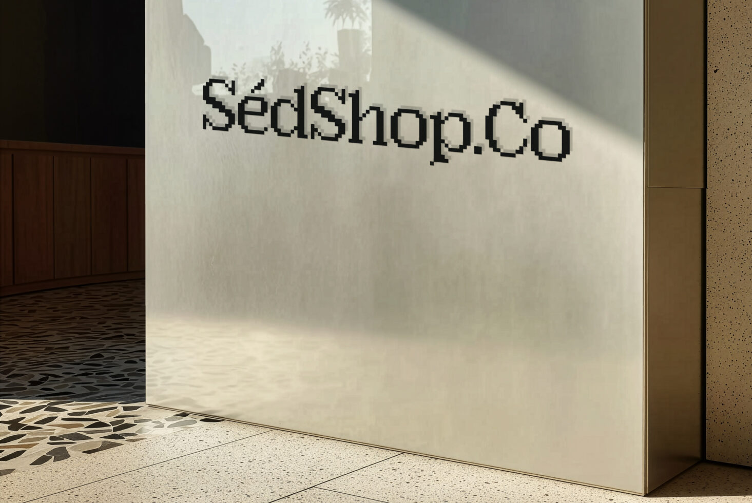 SedShop.Co in pixelated font on white wall with soft light through windows