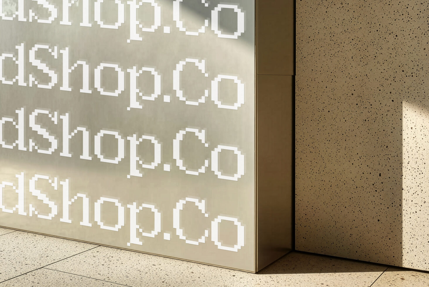 Repeating pixelated text on cream wall with natural light casting shadows