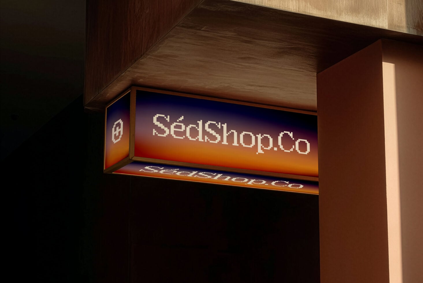 Neon box sign with SedShop.Co glowing in orange to blue gradient on dark