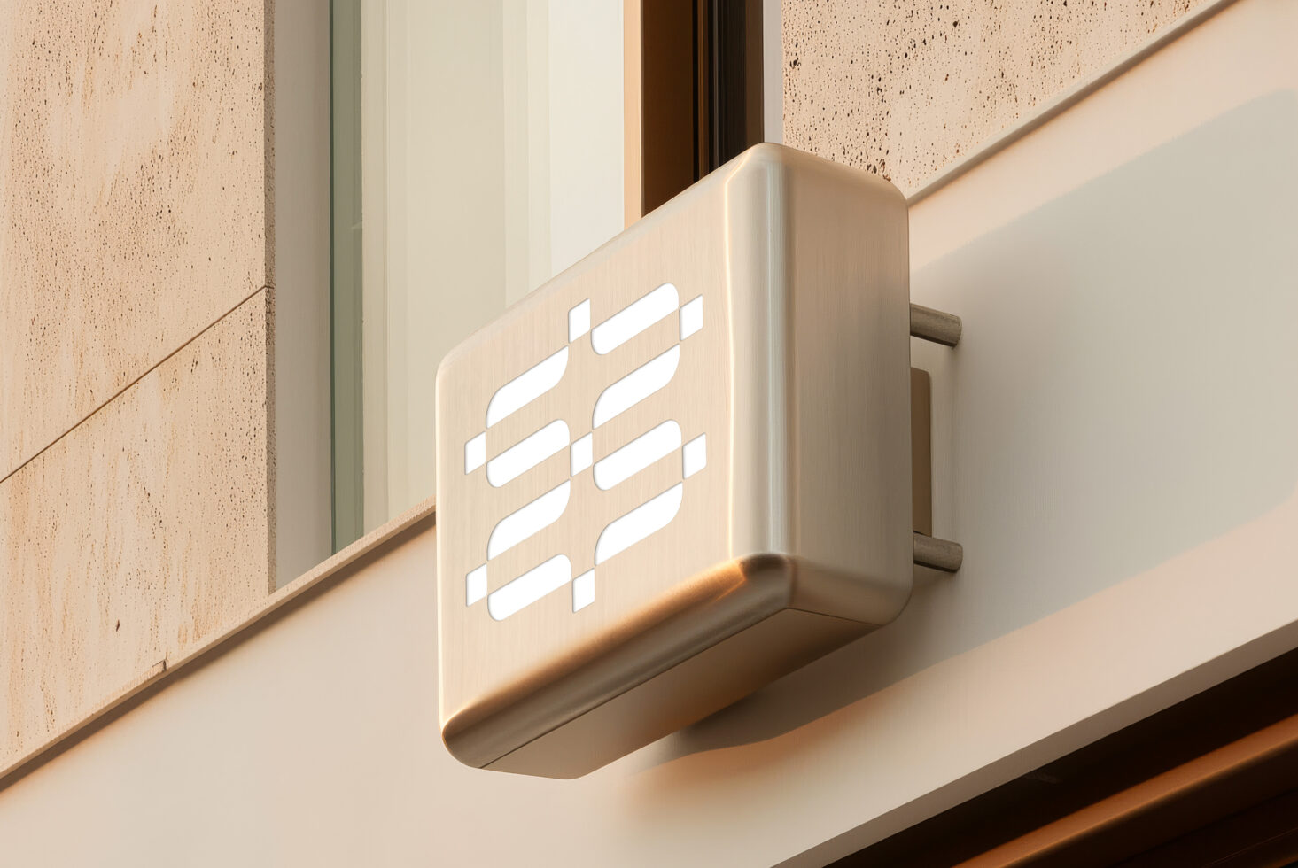 Cream 3D sign with grid pattern cutout mounted on concrete wall