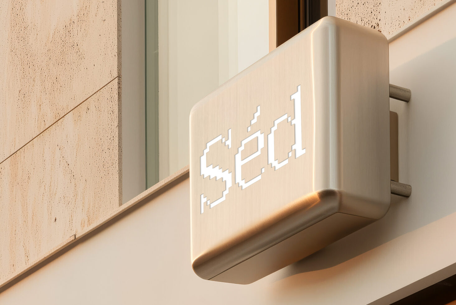 Cream rounded signage with white pixelated text displaying SedShop.Co in sunlight