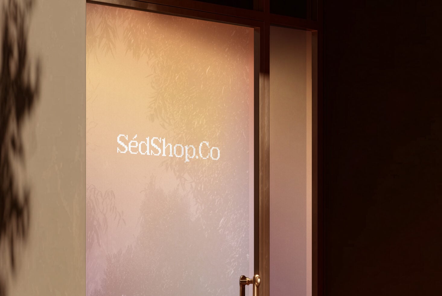 Warm peachy gradient door mockup with white SédShop.Co logo centered
