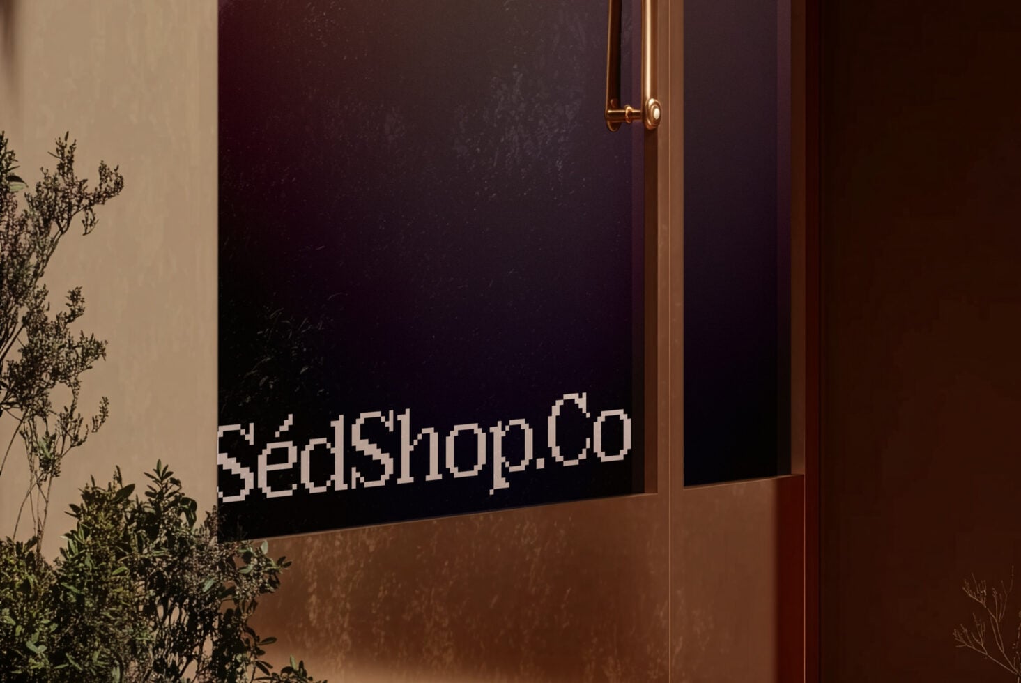 Dark glass window showing SedShop.Co text in pixelated style lower right corner