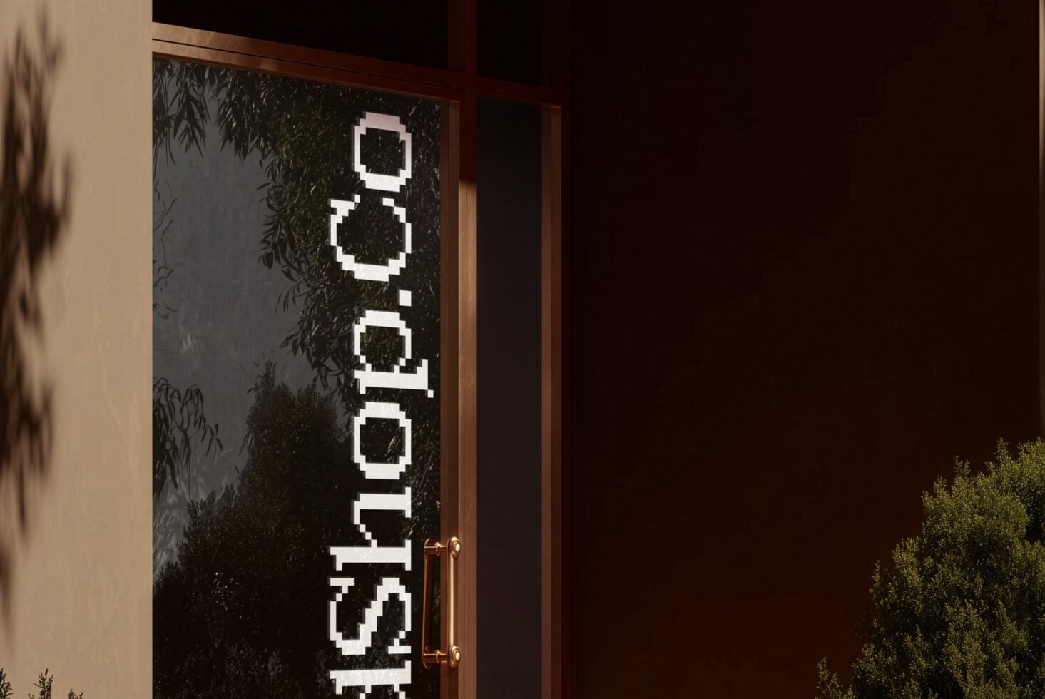 Moody entrance door featuring vertical white pixelated text SedShop.Co on black glass