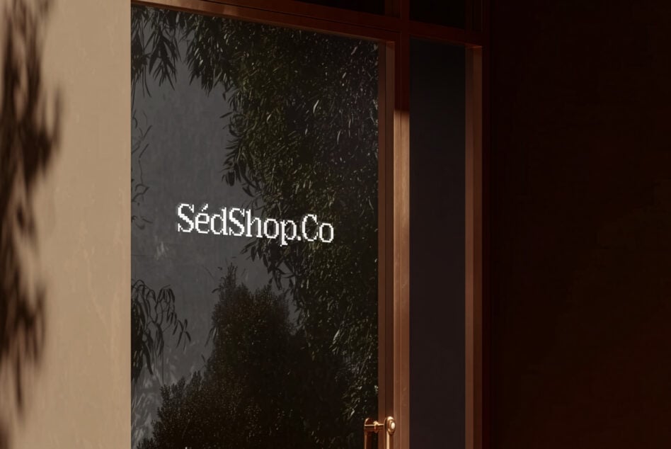 Dark moody door mockup with foliage overlay, white SédShop.Co text