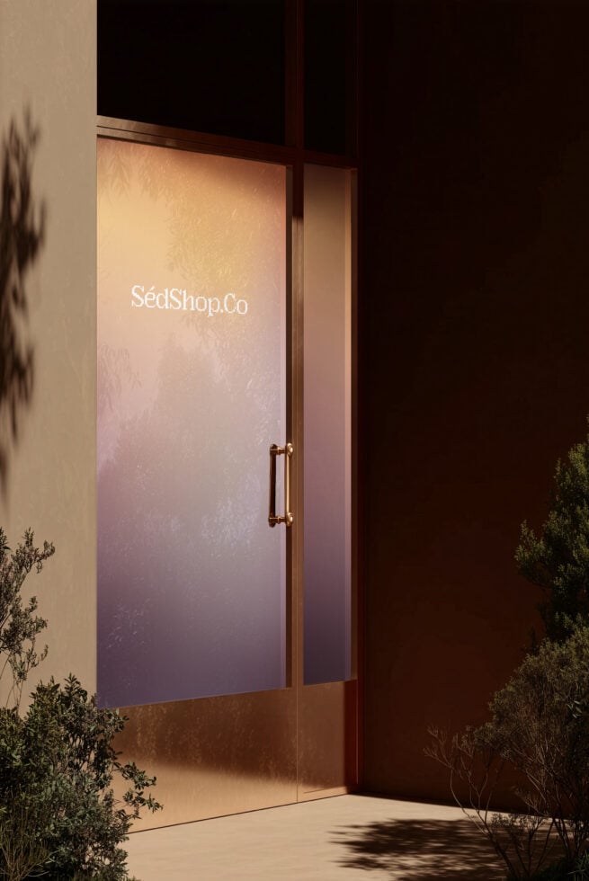 Peachy gradient glass storefront with SedShop.Co text centered, brass hardware