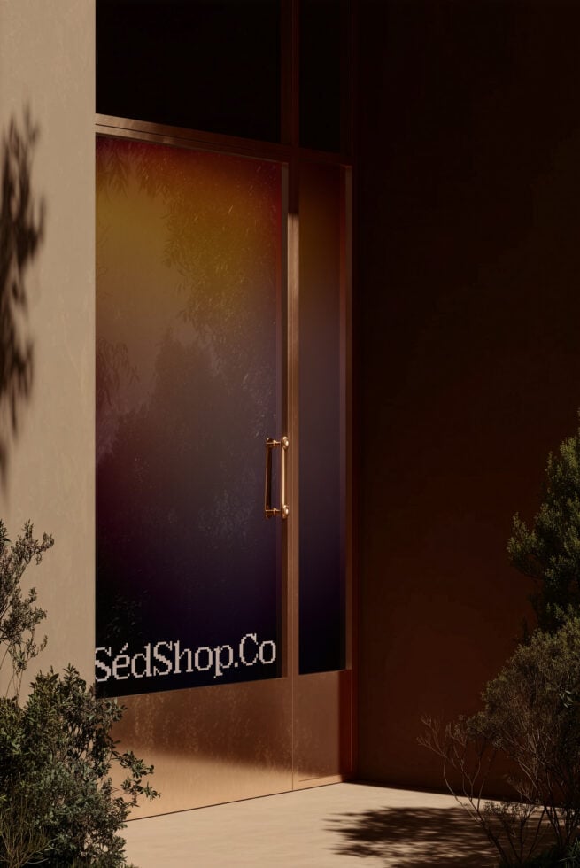 Warm gradient glass door with SedShop.Co text in bottom corner, brass handle