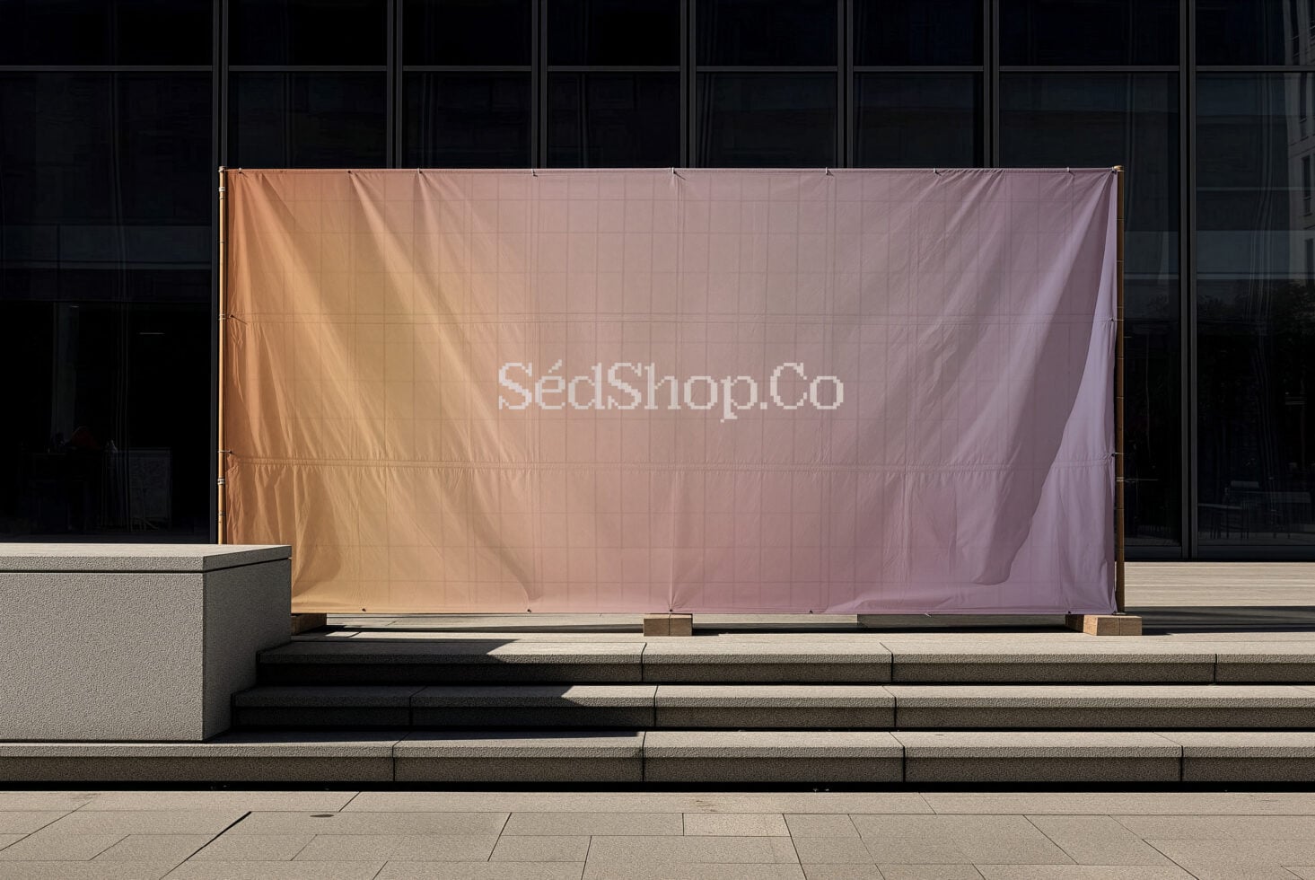 Peach to purple gradient fabric banner with SedShop.Co logo mounted on contemporary building