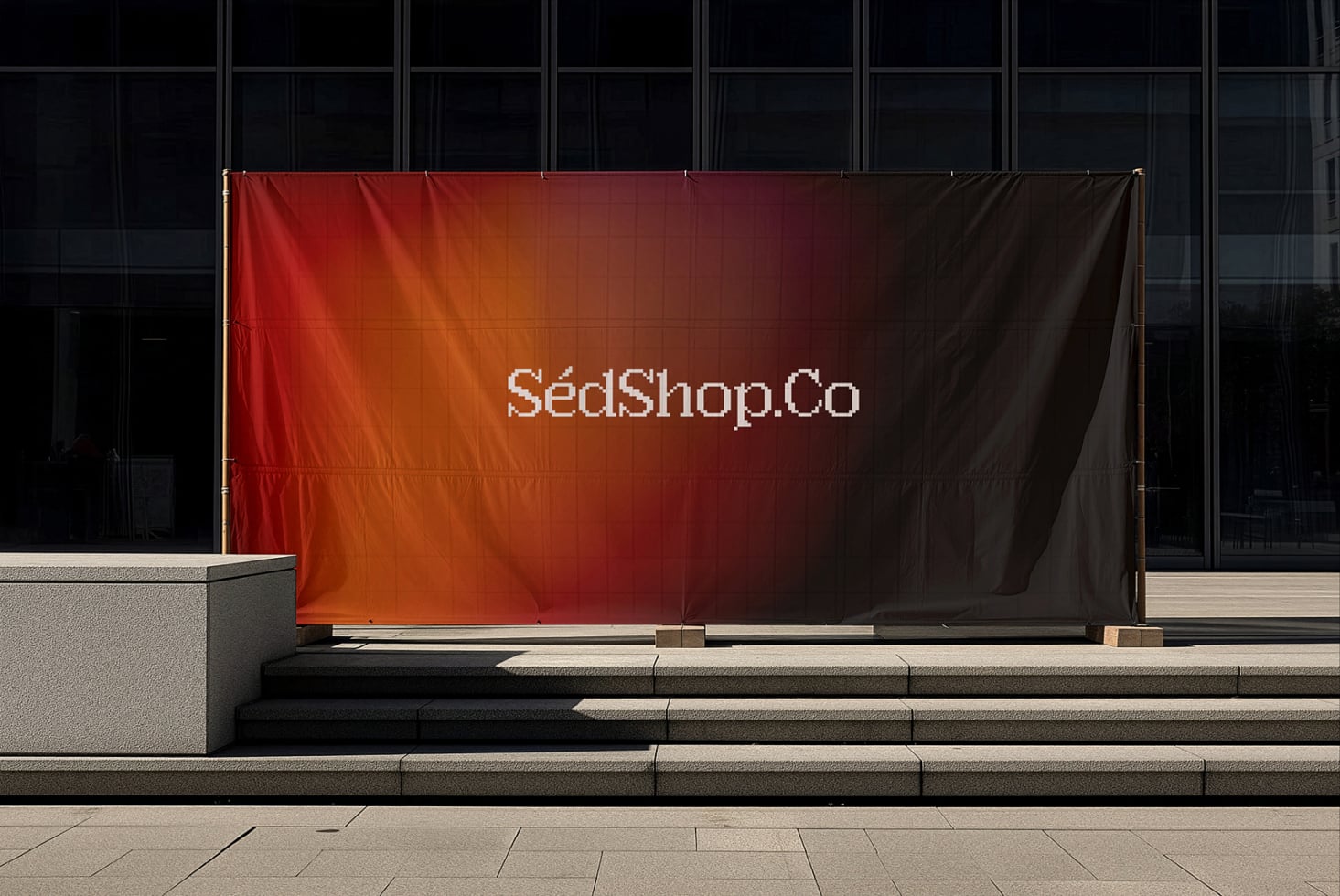 Red orange to charcoal gradient banner showing SedShop.Co text on modern storefront wall